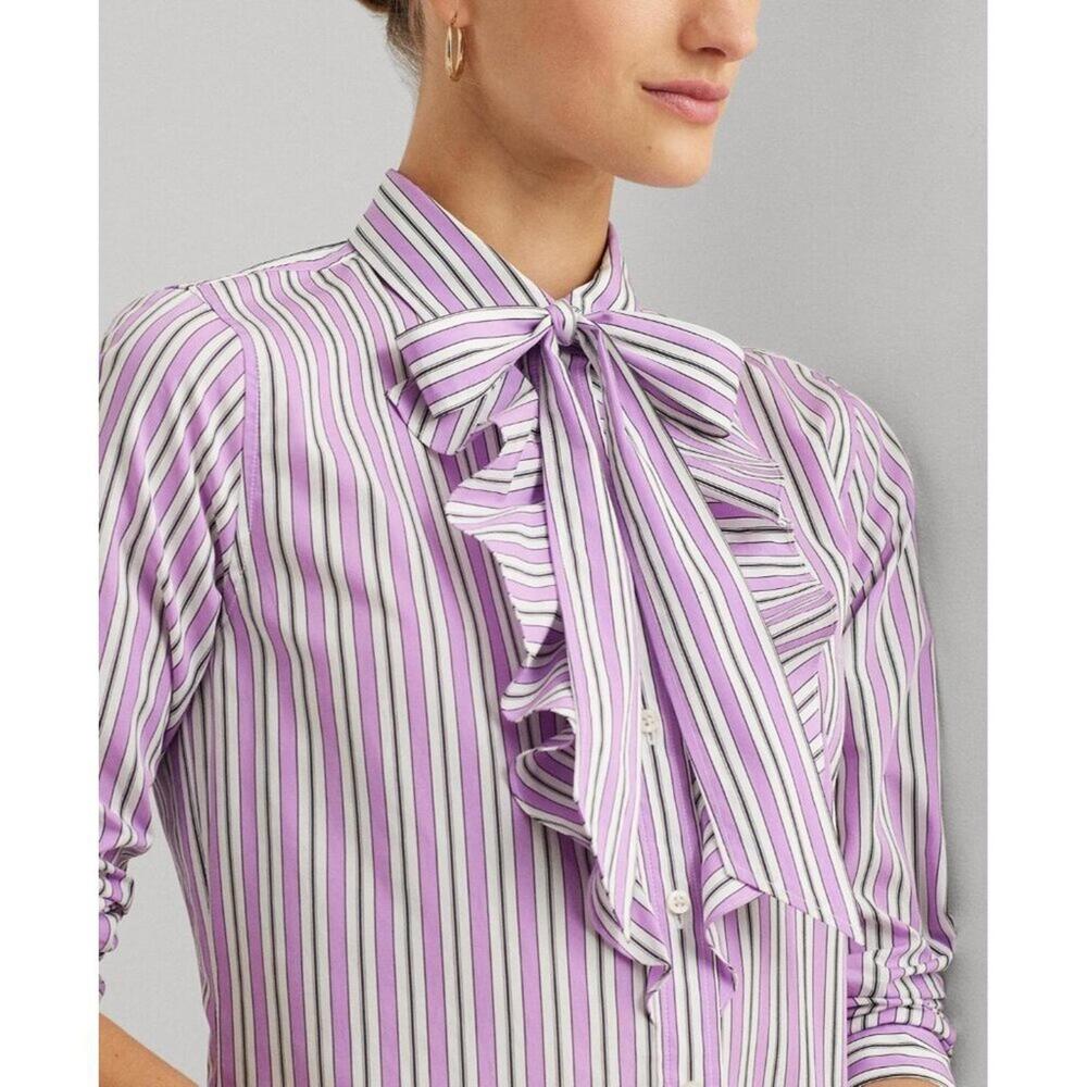 165$ Lauren Ralph Lauren Striped Broadcloth Tie-Neck Shirtdress Size 4 Purple - Picture 3 of 3